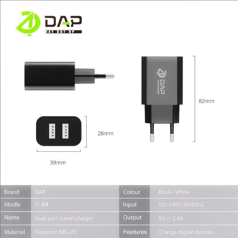 DAP D-A4 USB Charger 2.4A 2 USB Port Perboks isi 20pcs