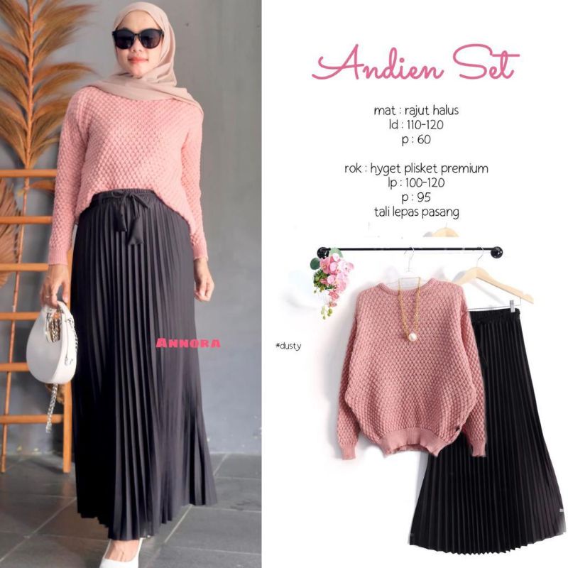 Andin set setelan bahan rajut halus bahan rok hyget plisket premium setelan cantik setelan andin set