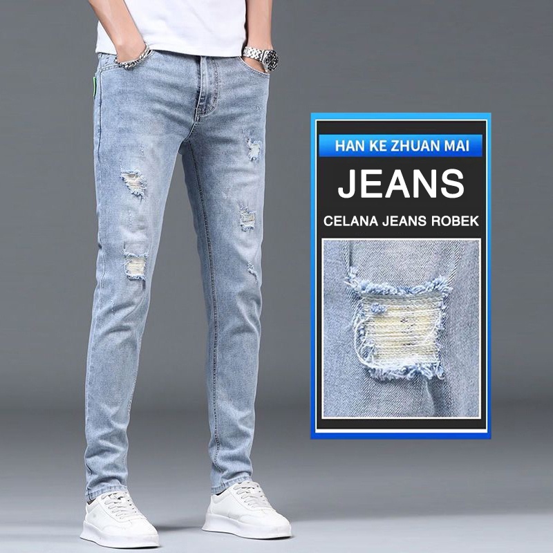 Celana Jeans Pria SLIM FIT STANDAR STRETCH SOBEK Korean Style Biru Muda Original Cowok Pensil Denim Skinny Laki Laki Dewasa Big Size