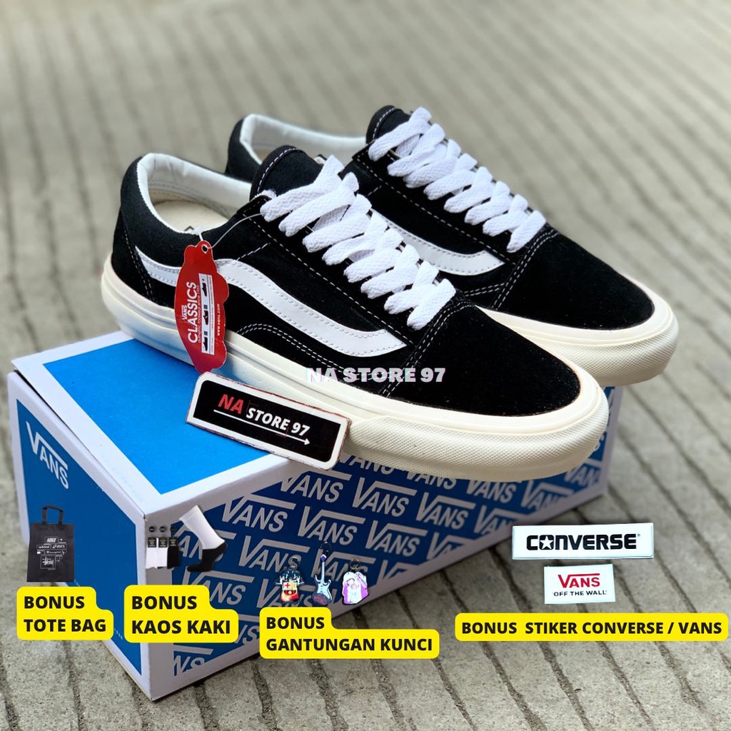 (GRATIS KAOS KAKI &amp; STIKER) Vans Oldskool OG Premium Quality Black White Sepatu Sekolah