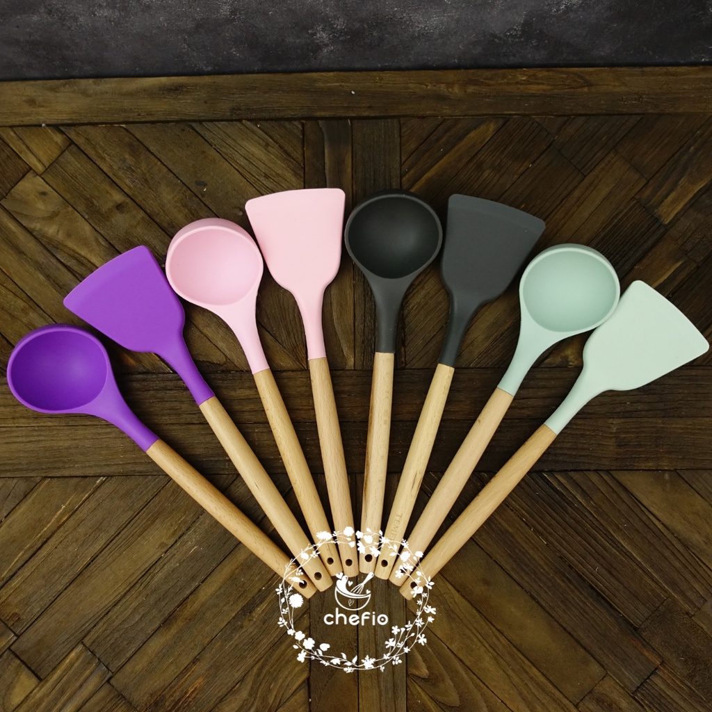 Spatula dan Centong Silikon Gagang Kayu / Sodet Set / Centong Set