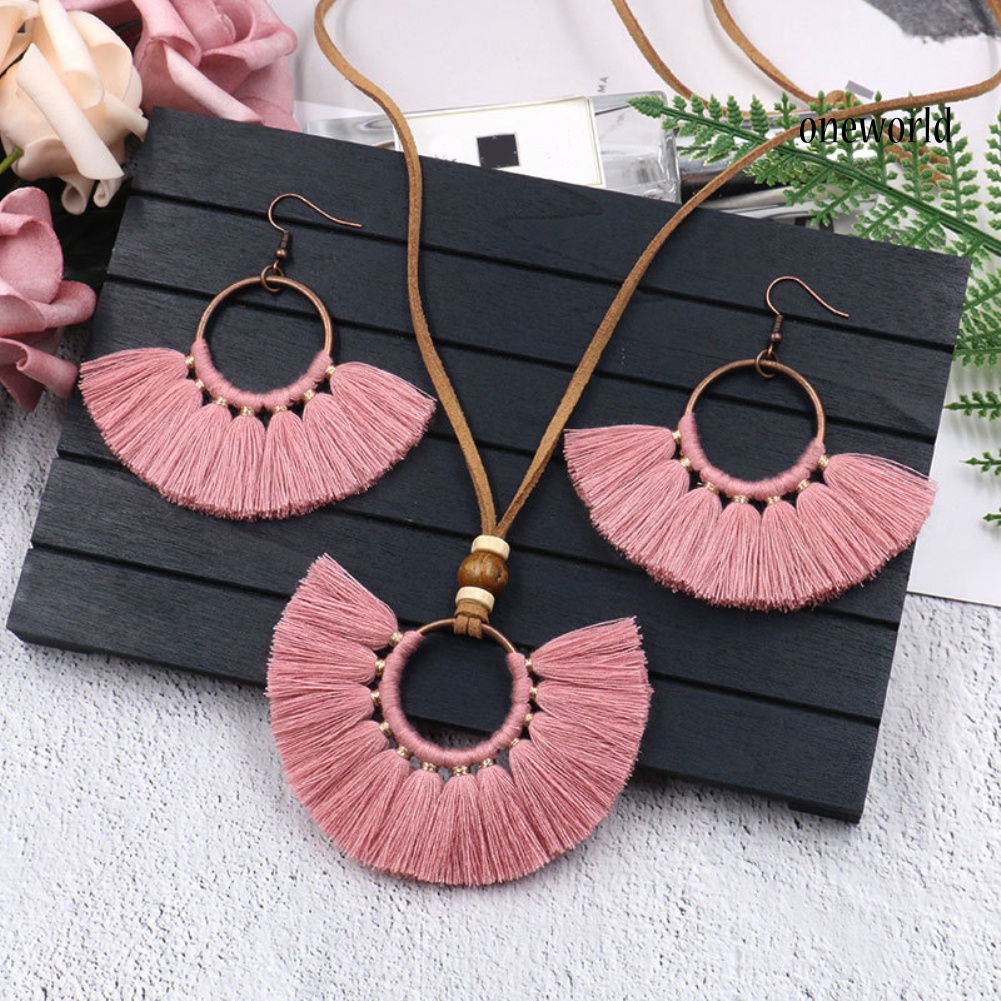 OW@ Bohemian Women Round Pendant Fringe Tassel Rope Necklace Earrings Jewelry Set