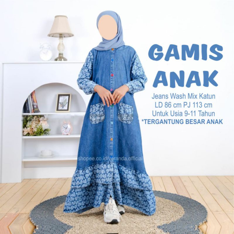 Shelin Gamis Jeans Anak Perempuan Tanggung Umur 9-11 Tahun Baju Jins Rempel Susun Remaja Motif Bunga
