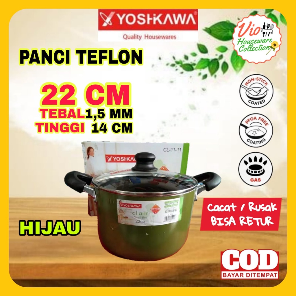 Yoshikawa Panci Serbaguna Teflon 22cm Teplon Anti Lengket Tanpa Minyak Tutup Kaca CL1111