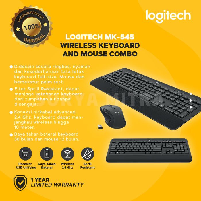 Keyboard Mouse Wireless Logitech MK545 / MK 545 Advanced Combo