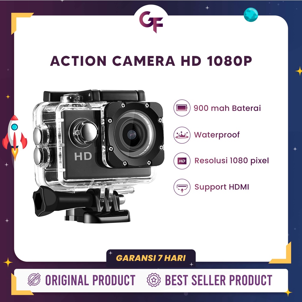 Action Camera 1080 HD Include Case Anti Air dan Aksesoris Lengkap - GoodFellas-Hitam