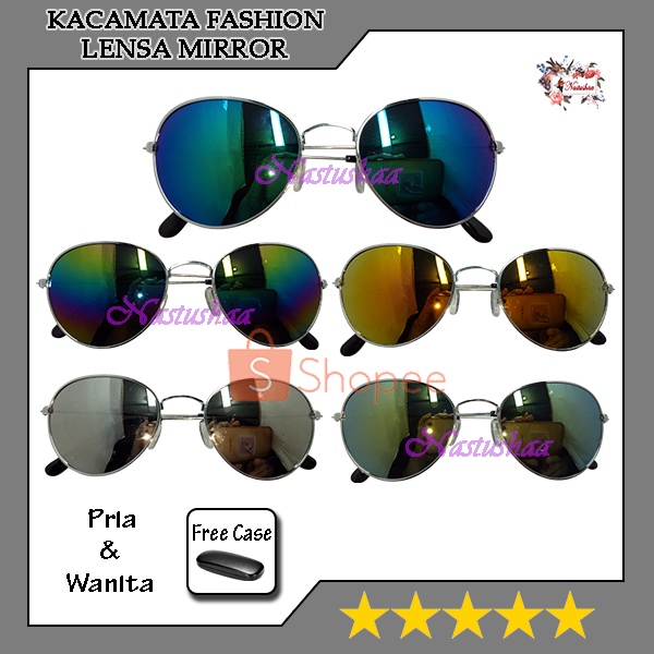 Kacamata Hitam Metal Import Gaya Korea Lensa Mirror Kaca Mata Fashion Oval Untuk Pria dan Wanita FREECASE