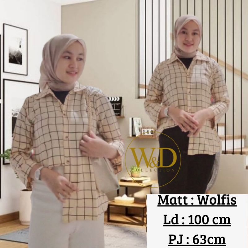 Kemeja Wanita Monalisa Atasan Blouse Casual Lengan Panjang Korea Kotak Square Cewek Wolfis