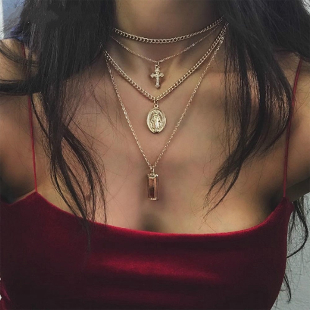 Kalung Choker Model Multilayer Desain Jesus Virgin Mary Cross Gaya Punk Untuk Wanita