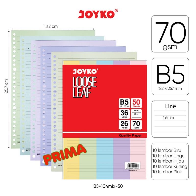 

LOOSE LEAF WARNA-WARNI B5 JOYKO 50 LEMBAR (GARIS)