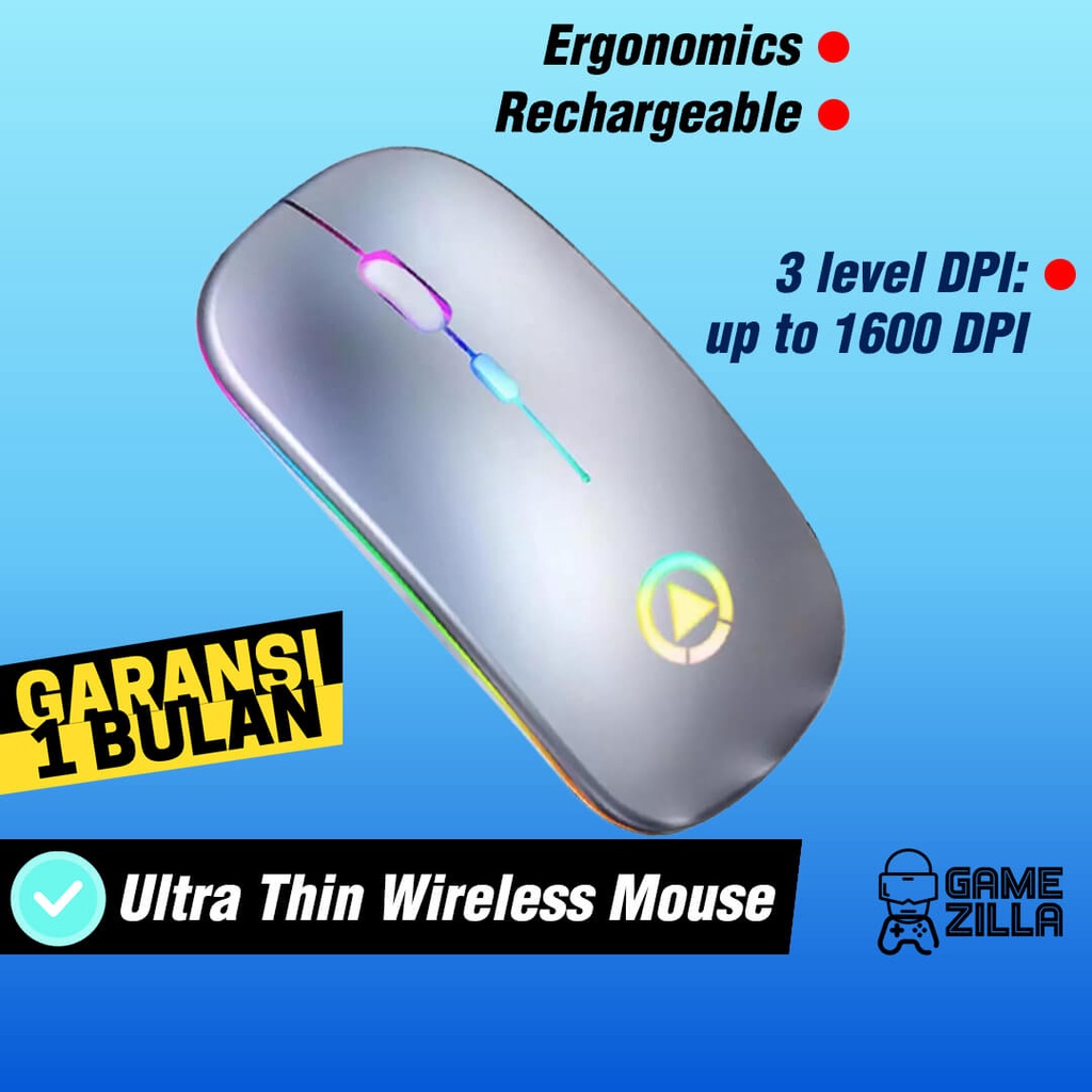 Mouse Wireless Rechargeable Silent Click USB Mause Wireles PC Laptop Mos RGB LED Tipis Ergonomic Tan