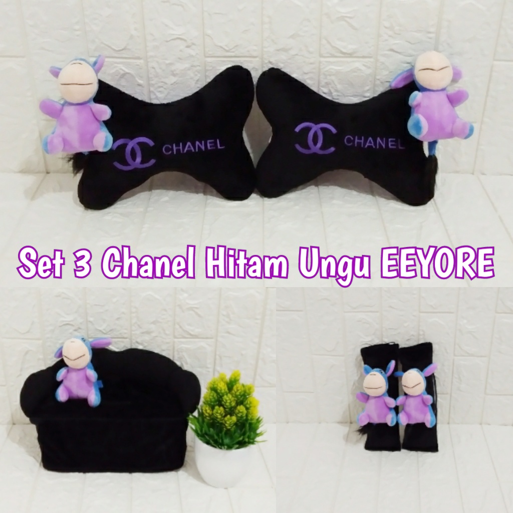 bantal mobil Sandaran Penyangga Set 3 Bordir Chanel Hitam Tulisan Ungu Boneka Eeyore