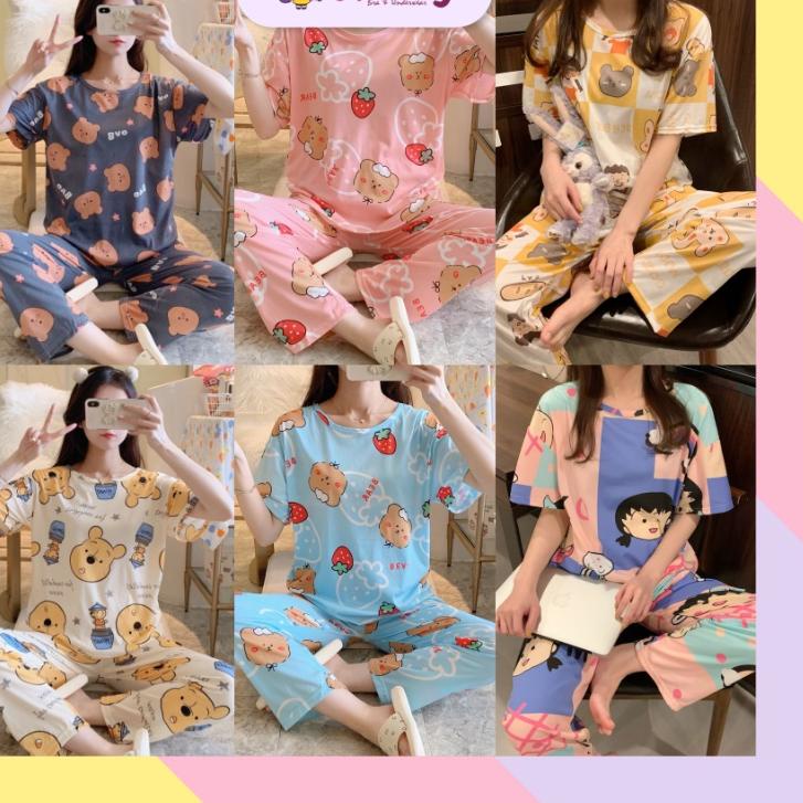 UNNY.ID Baju Setelan Piyama Import Lengan Pendek Celana Panjang Baju Rumah Baju Tidur Wanita Motif K