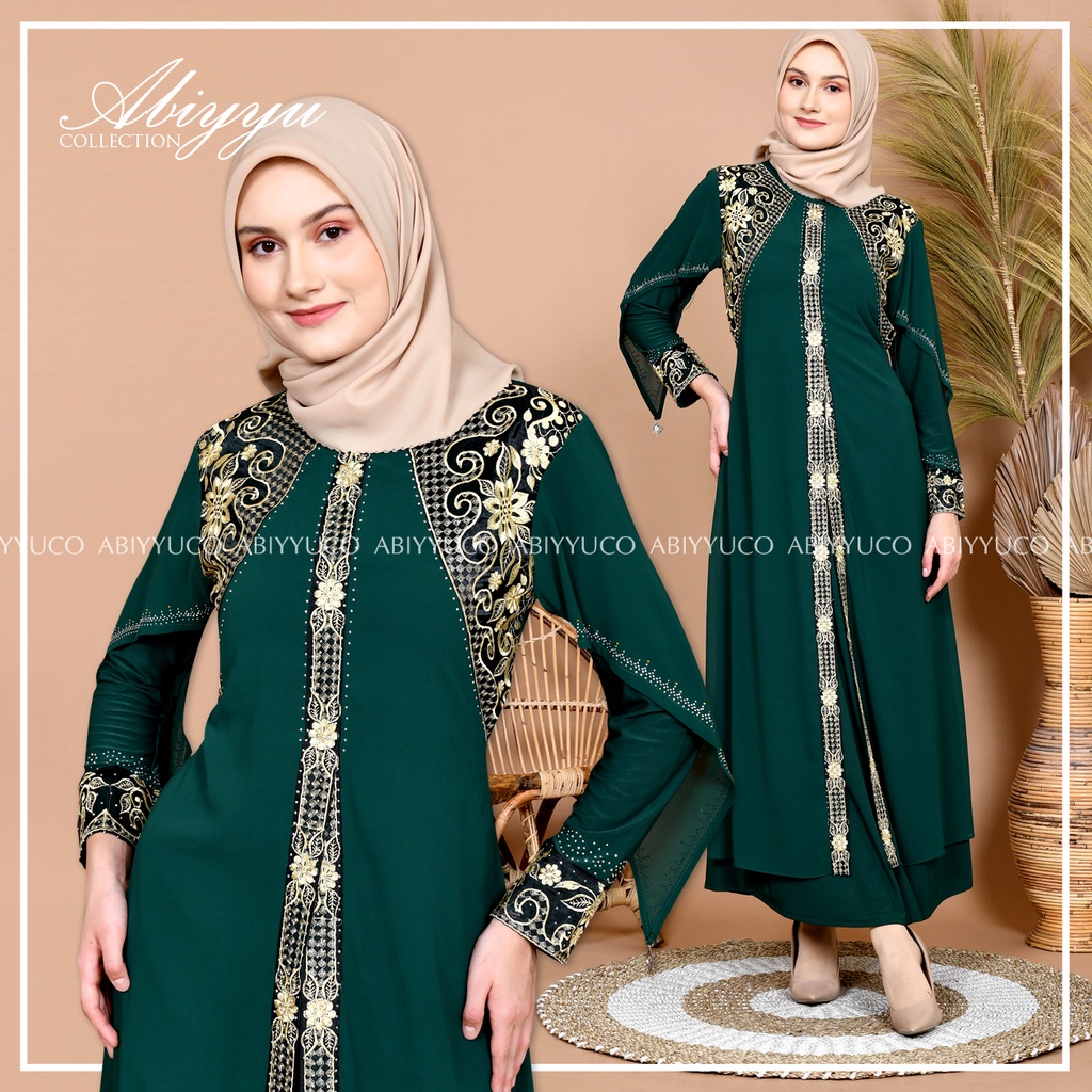 Abiyyuco TA9012 | Abaya Turkey / Abaya Turki / Abaya Hitam / Abaya Warna / Abaya Jersey mix Ceruty, dengan aplikasi bordir renda dan mote swarovsky, ready warna hitam, maroon, hijau botol, navy, coklat, biru toska, lemon, dan kuning kunyit