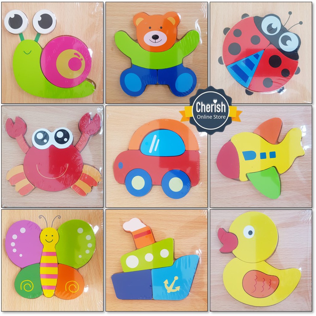 Mainan Kayu Edukatif - Puzzle Kayu Warna Bentuk Hewan &amp; Kendaraan - Puzzle Timbul - PK-0002