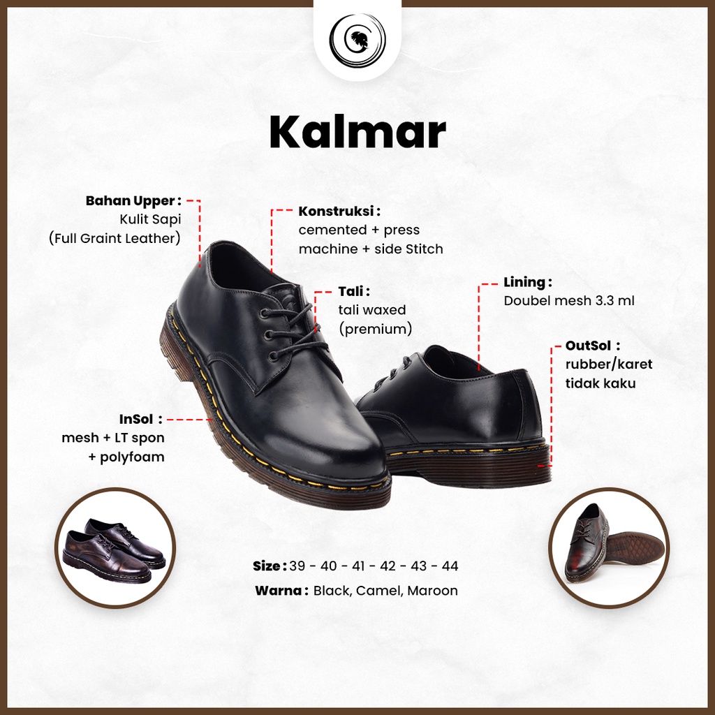 Greata - Kalmar Black Sepatu Pantofel Pria Casual Formal Kerja Kantor Kulit Asli Kasual Docmart Low