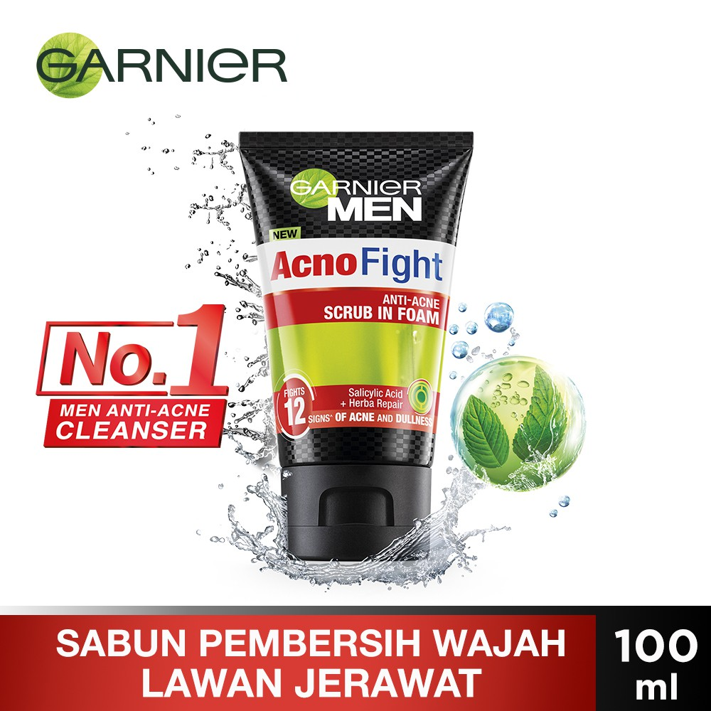 Garnier Men Acno Fight Anti Acne Scrub In Foam - 100 ml [ Perawatan Pria Untuk Wajah Berjerawat ]