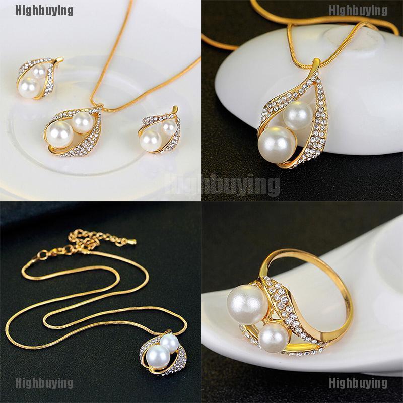 Set Perhiasan Wanita,Kalung Rantai Liontin + Anting Tusuk Gantung + Cincin Aksen Kristal + Mutiara Imitasi