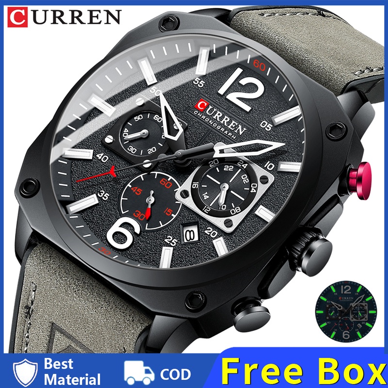 ✅COD CURREN Jam Tangan Pria Anti Air Original Luxury Kulit Adaptasi Kronograf（Kotak Gratis)