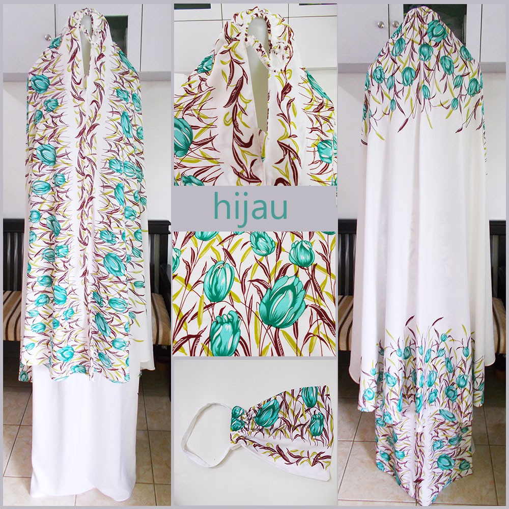 Mukena Bali motif bunga tulip warna toska
