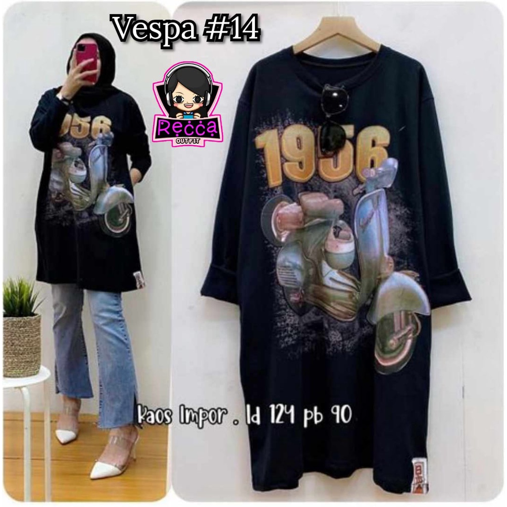 TUNIK WANITA JUMBO TERBARU VESPA #14 1956 PUTIH HIJAU KAOS IMPORT LD 124 PB 90 BIGSIZE XXXL ORI RECC