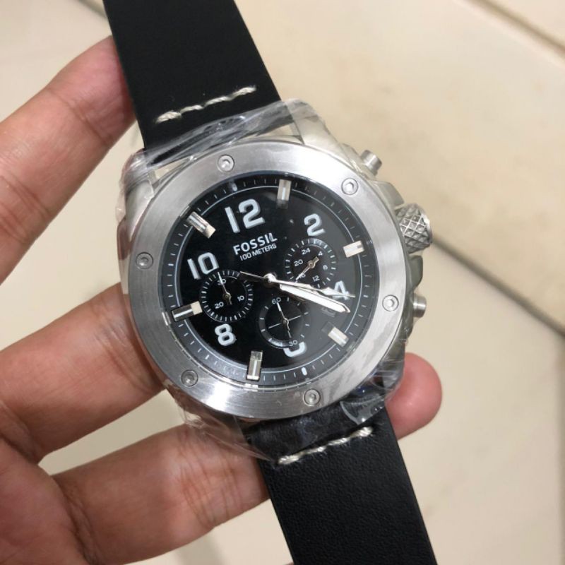Jam Tangan Pria Fossil FS4928 Chronograph Black Leather Strap 45mm Original