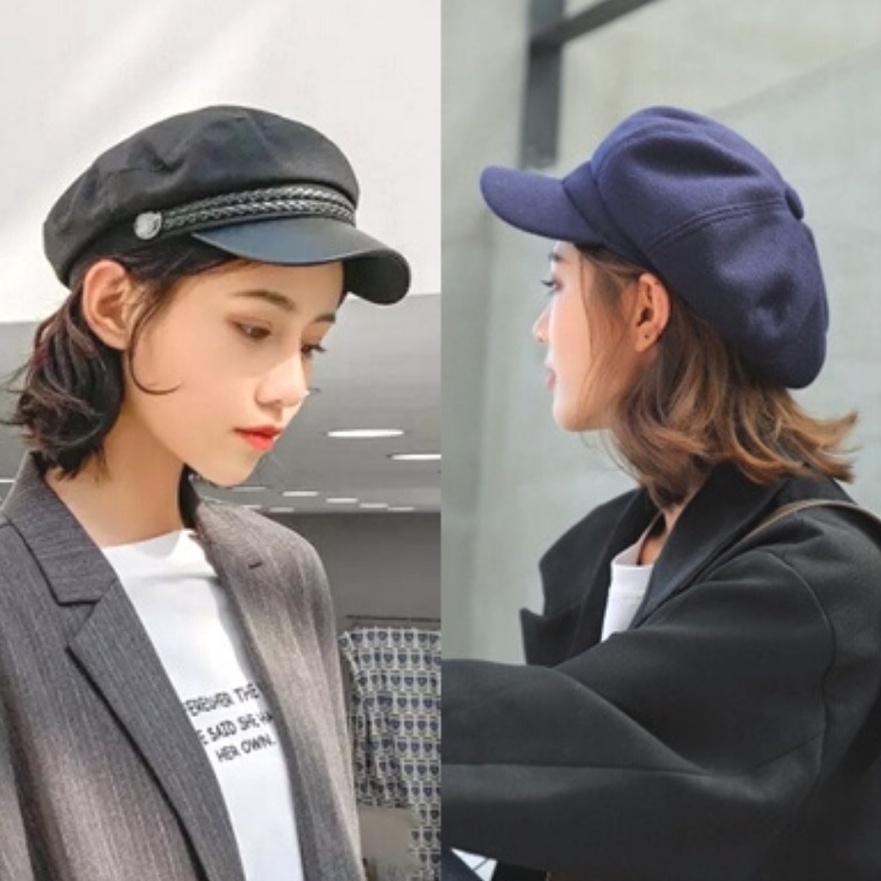 Topi Beret Wanita Wol Oktagonal Musim Dingin Gugur Casual Jepang Korea Retro Vintage