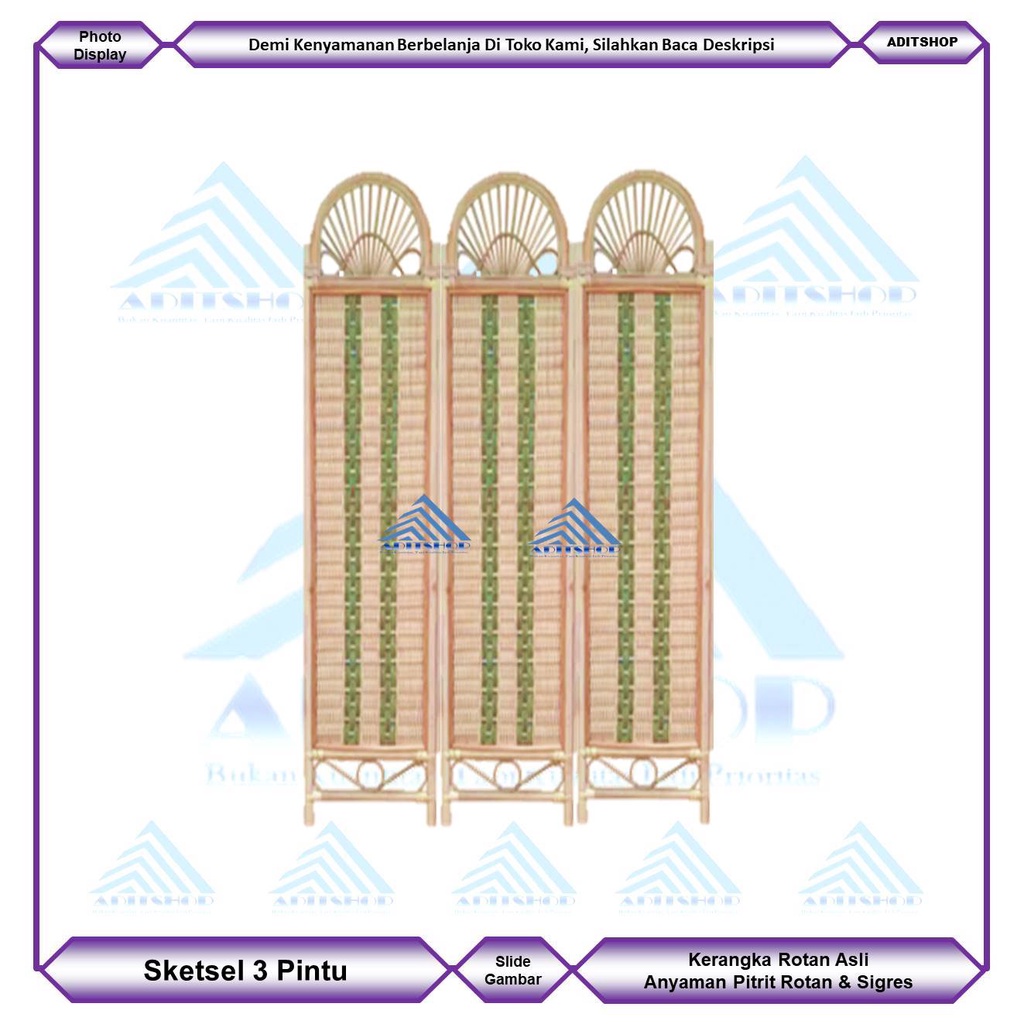 Kanopy Rotan 3 Pintu Model Kuba - ADITSHOP - Partisi Rotan Pintu 3 Keping - Sketsel Pembatas Ruangan