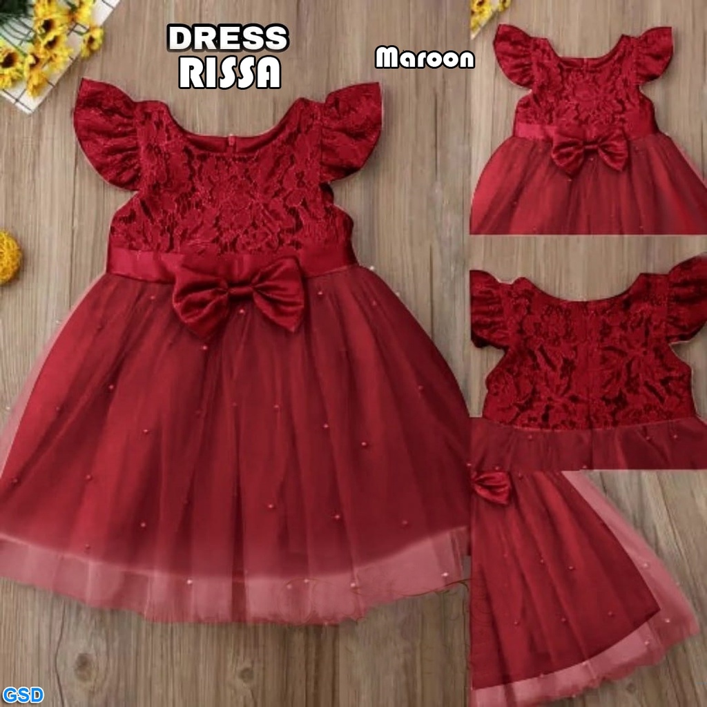 Dress Rissa Kids/Dress Girl/Baju Pesta Anak/Gaun Pita Elegant Motif Brukat/ Casual Mini Midi/Diskon Gaun Anak Princess Best Seller Sale!!!