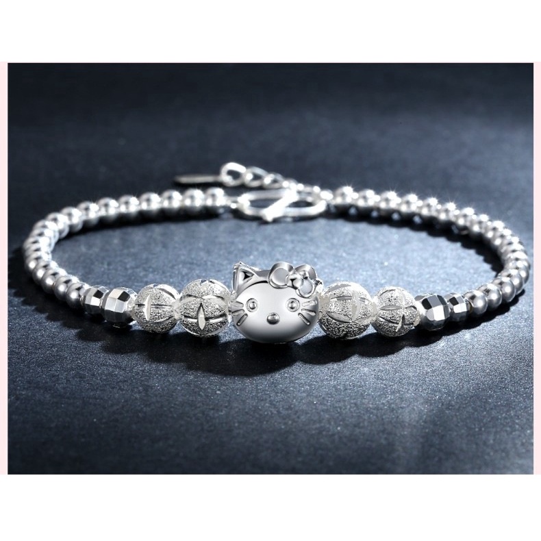 Gelang Mutiara Desain Kucing Bahan Stainless Steel Warna Silver Untuk Wanita