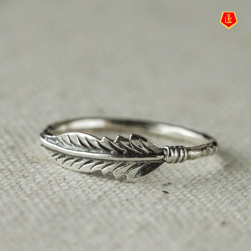 [Ready Stock]Retro Personality 925 Silver Feather Ring Simple