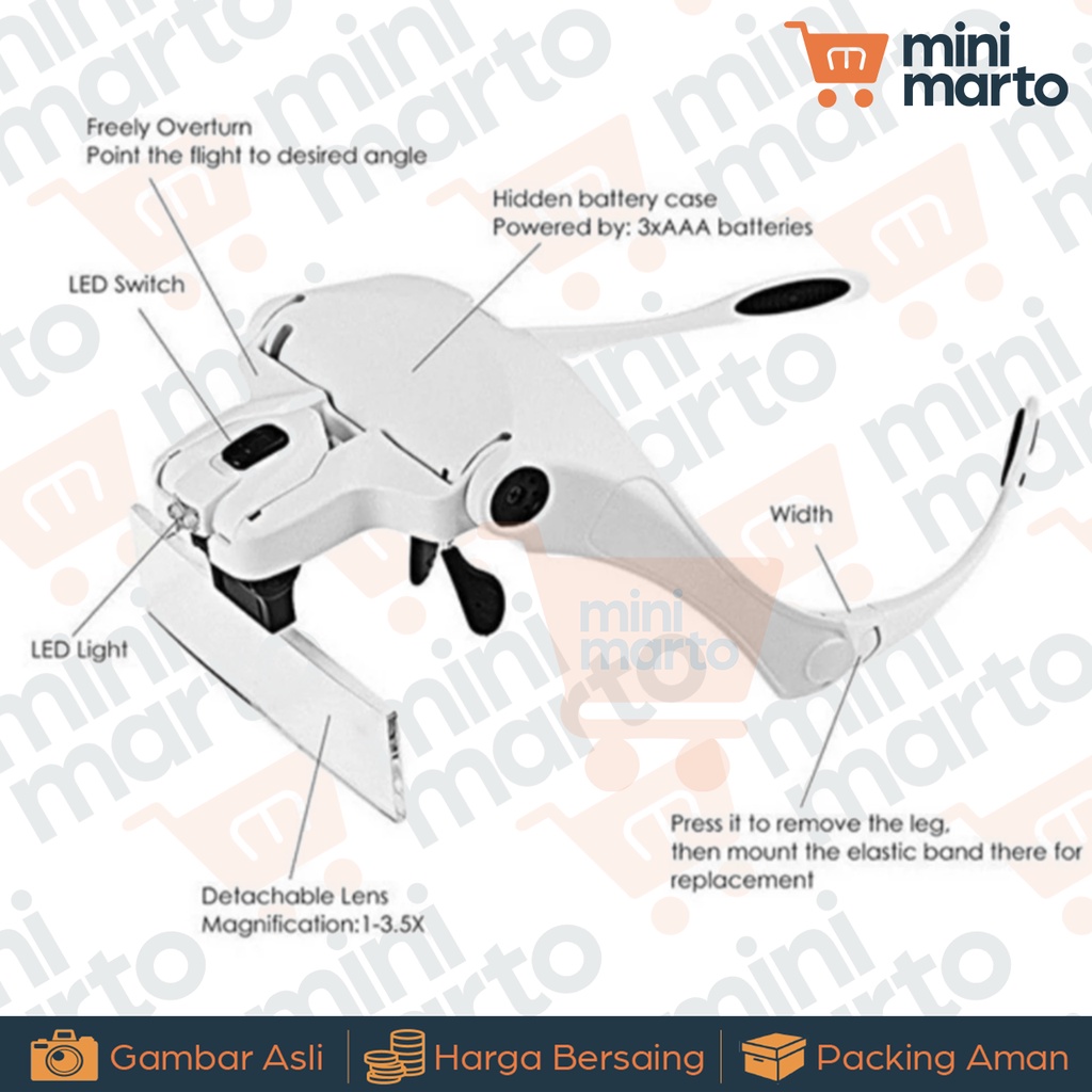 Kacamata Interchangeable Magnifier 2 LED Eyeglasses Bracket Kaca Mata Pembesar SULAM ALIS Tatto - Minimarto