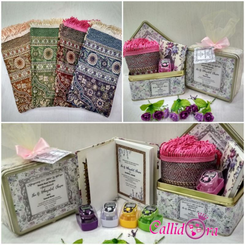 Hampers 40harian/100harian/1000hari dengan buku yasin custom-sajadah-tasbih digital-kotak kaleng-souvenir tahlil Islami