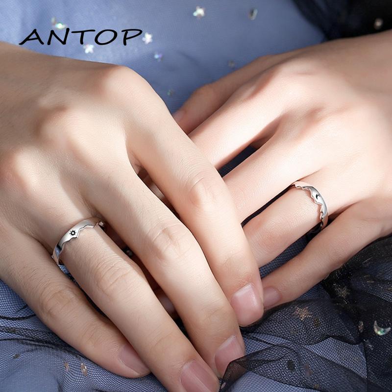 Cincin Model Terbuka Adjustable Desain Matahari Bulan Bintang Hati Warna Silver Untuk Pasangan