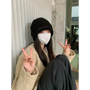 Topi Rajut Bahan Wol Tebal Hangat Warna Solid Gaya Korea Untuk Wanita-2 Hitam