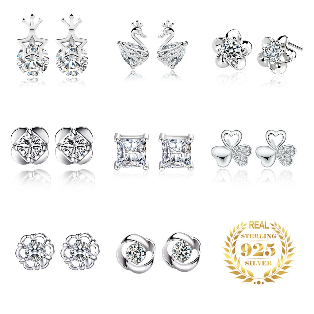 925 Perak Lucu Anting-Anting Anting-Anting Korea A Gadis Crown Swan Sayap Cinta Bunga Fashion Ornamen