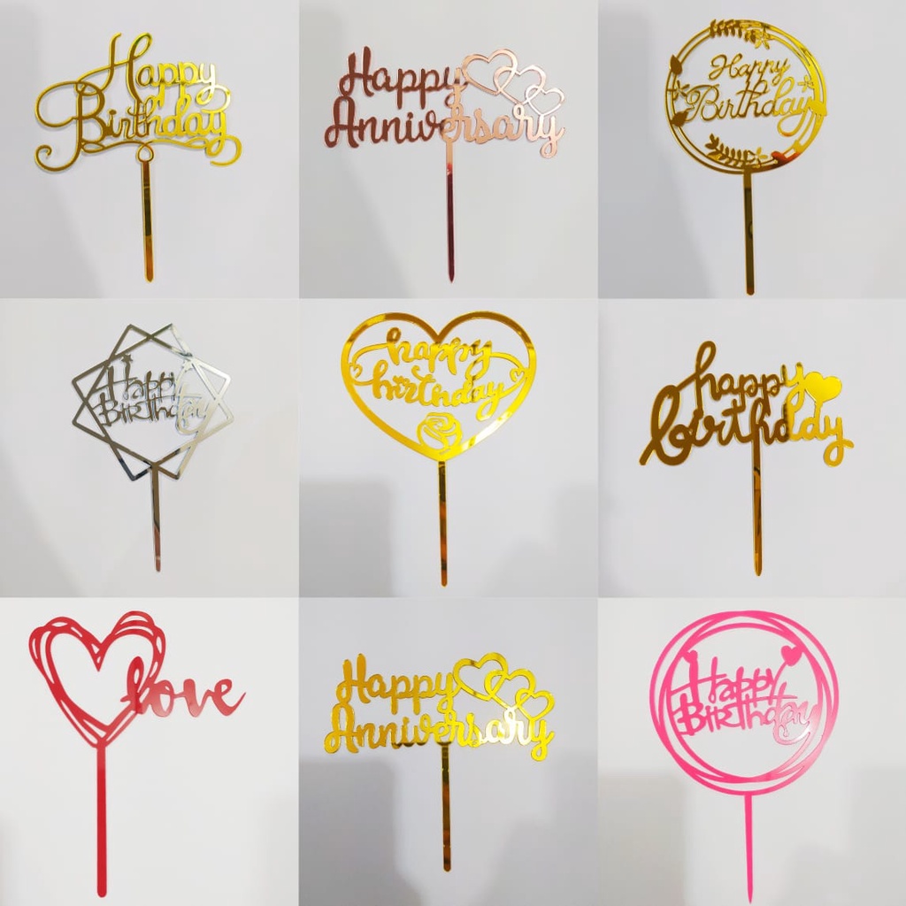 

Topper Kue / Buket Bunga Happy Birthday & Happy Anniversary Bahan Akrilik