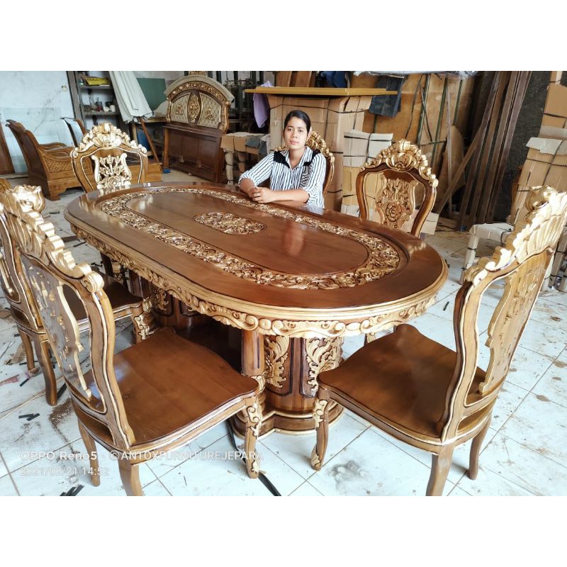 meja makan jati ukiran mewah mebel Jepara