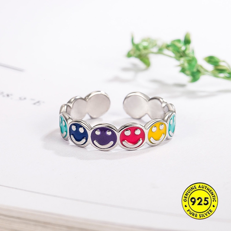 Cincin S925 Silver Model Terbuka Dapat Disesuaikan Motif Smiley Warna Pelangi Untuk Wanita