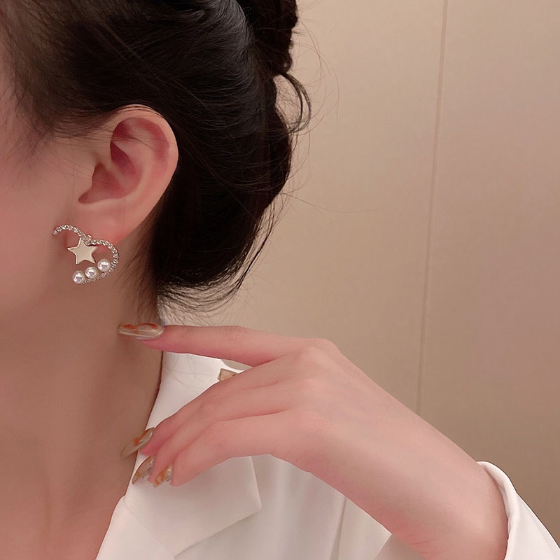 Anting 925 silver needle Bentuk Bintang Mutiara Berlian Hati