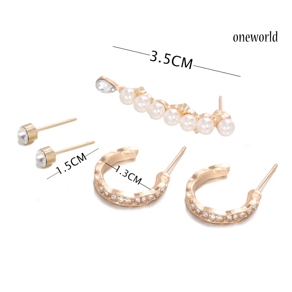 OW# 5Pcs Women Fashion Rhinestone Faux Pearl Geometric Stud Earrings Jewelry Gift