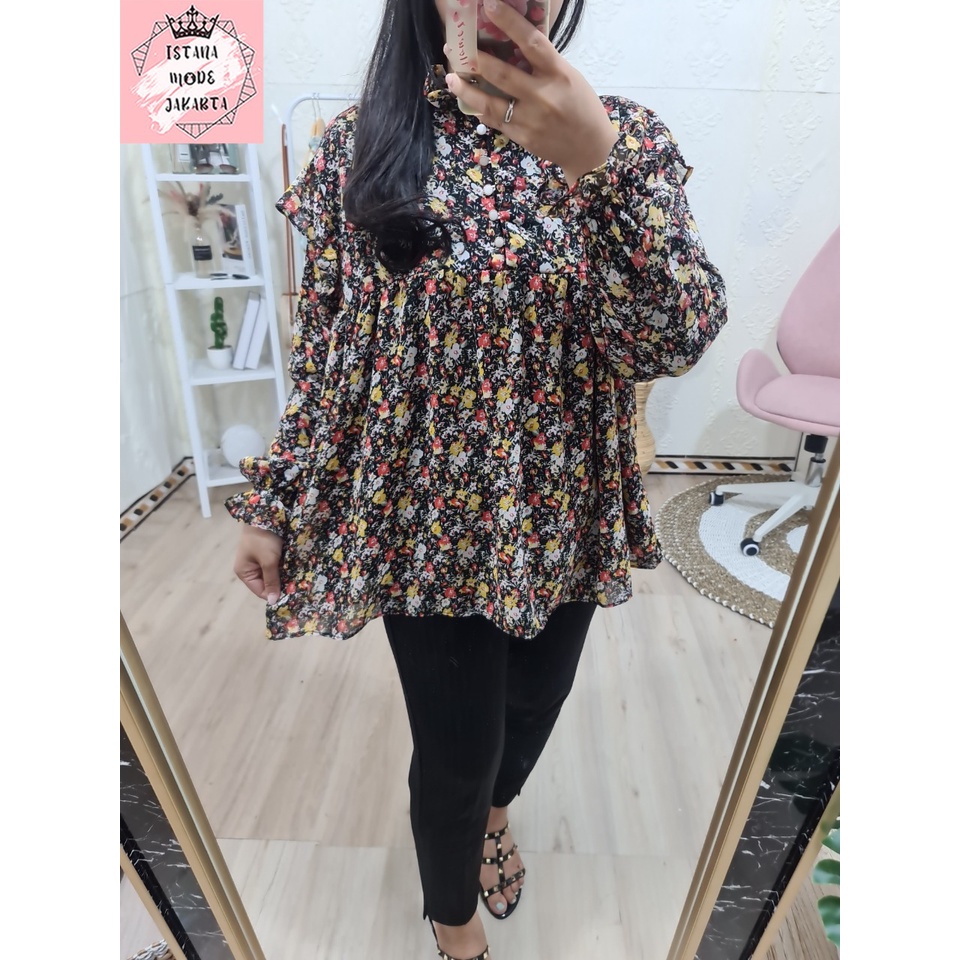 ISTANA MODE JAKARTA Zira baju atasan wanita terbaru blouse korean style blouse wanita lengan panjang-HITAM BUNGA MERAH-3