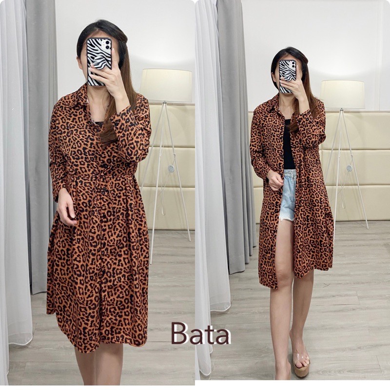 Long kemeja macan tutul / dress kemeja leopard ( free tali belt bahan ) K 8468