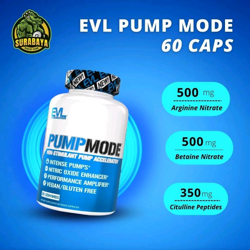 EVL PUMP MODE 60 VEGGIE CAPSULES NON STIMULANT EVLUTION NUTRITION PRE WORKOUT NITRIC OXIDE SUPLEMEN FITNESS NITRIX GLUTEN FREE 30 SERVING