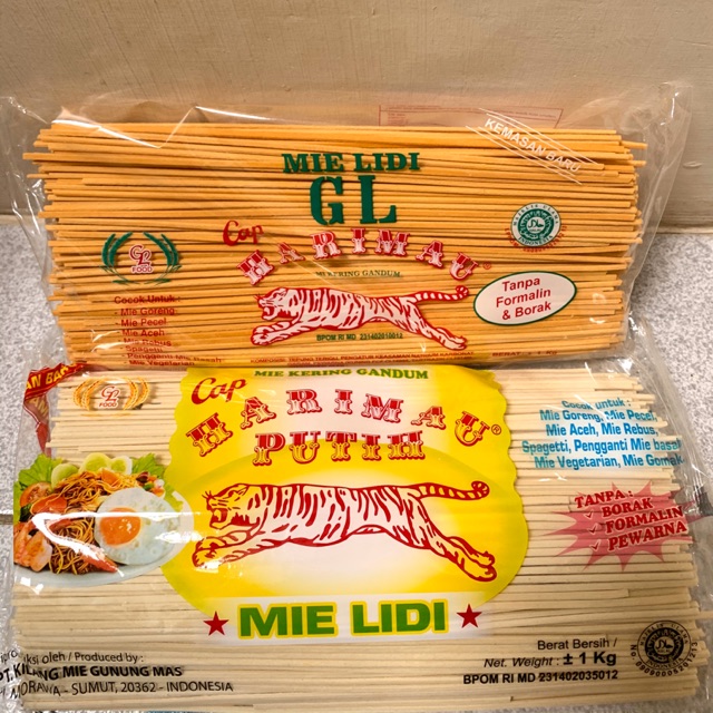 

Mie Lidi GL 1 KG / Mie Gomak Medan / Mie Kering Gandum Cap Harimau KUNING - PUTIH