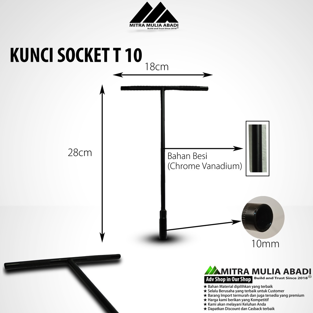 Kunci Sock T Panjang Ukuran Hex 10mm Baut 10mm Hitam