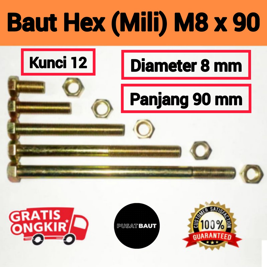 (10 PCS) M8 x 90 Baut Kunci 12 Baut Mur M8x90 Kuning Hex Besi Galvanis Drat Halus