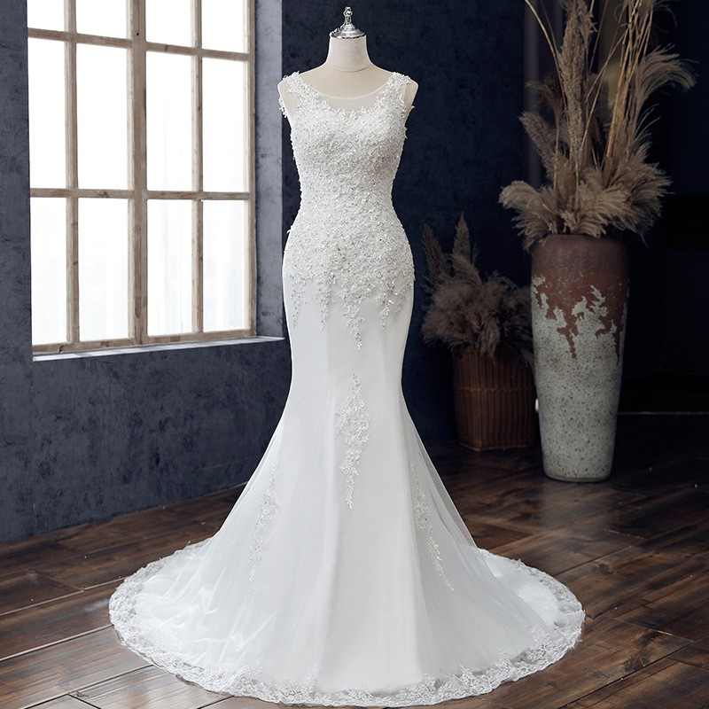 Gaun Pengantin 2106022 Putih Mermaid Tanpa Lengan Ekor Wedding Dress