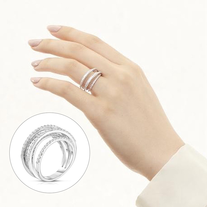 Cincin Jari Desain Silang Aksen Kubik Zirkon Serbaguna Untuk Wanita