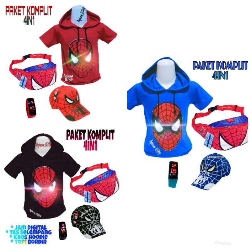 Baju anak kaos led hodie anak superhero led gratis topi tas selempang jam